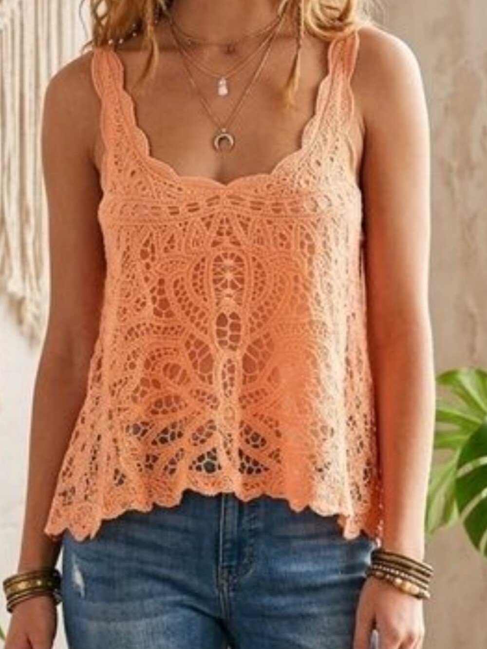 Coco + Jameson Sheer Peach Lace Camisole Tank Top, Small